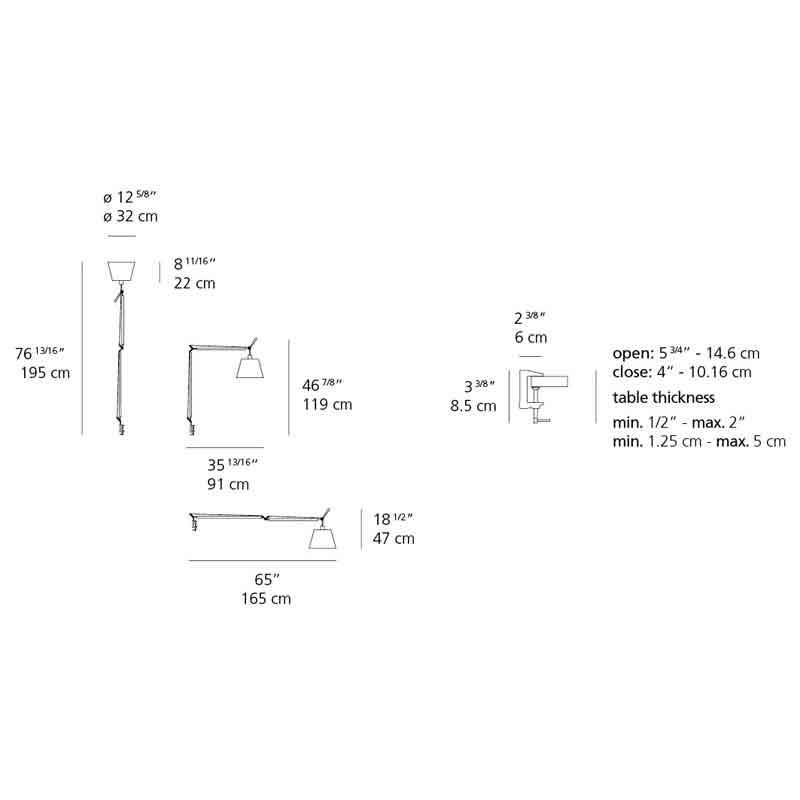 Artemide TLM000 Tolomeo Mega Max 100W E26 Dimmable Aluminum Table Light with Clamp - Seginus Lighting